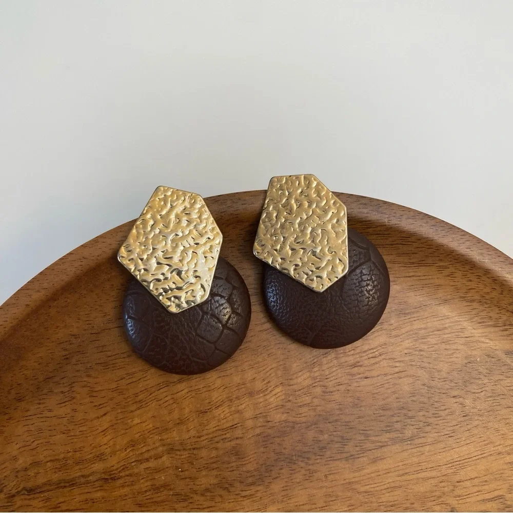 4/$15 Elegant Gold and Brown Faux Leather Earrings